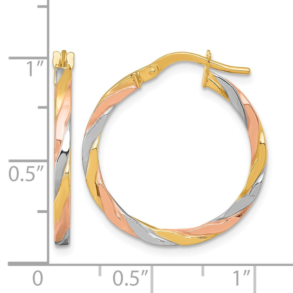14k w/Rose and White Rhodium Twist Hoop Earrings
