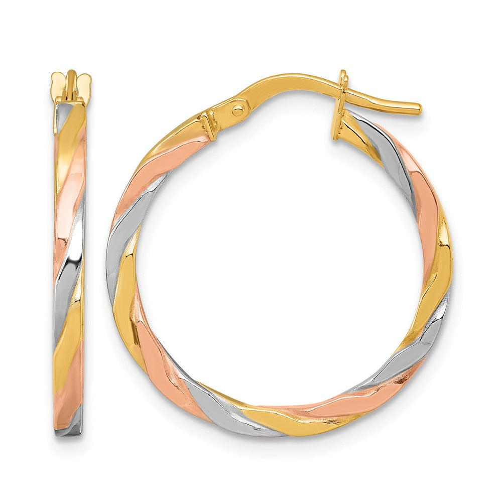 14k w/Rose and White Rhodium Twist Hoop Earrings