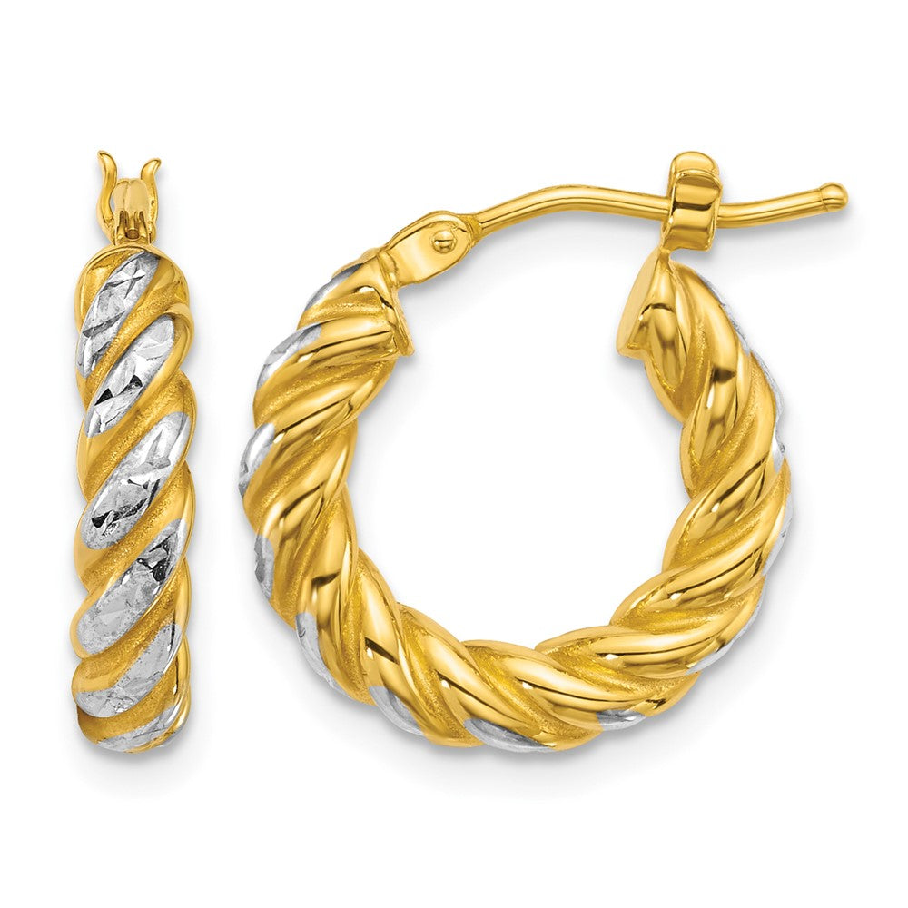 14k w/ White Rhodium Polished D/C Twisted 3.75mm Hoop Earrings