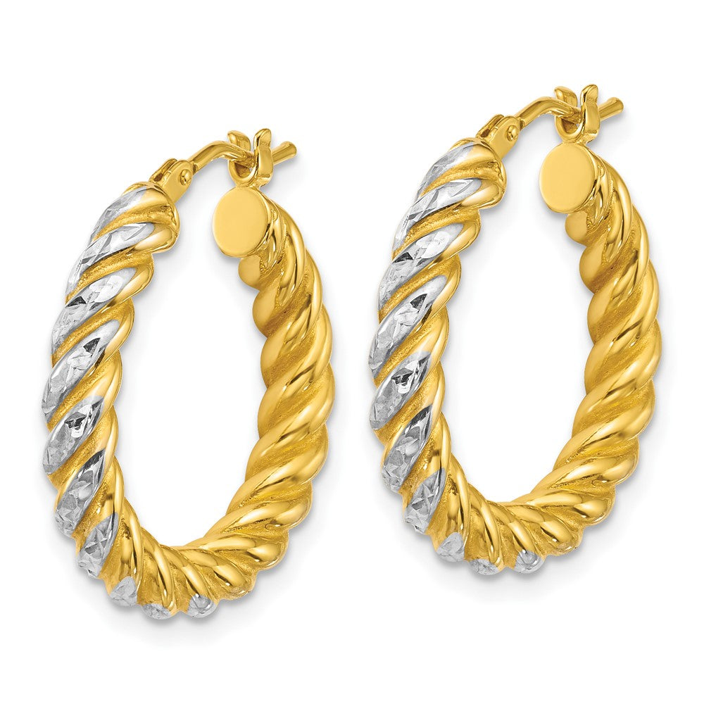 14k w/ White Rhodium Polished D/C Twisted 3.75mm Hoop Earrings