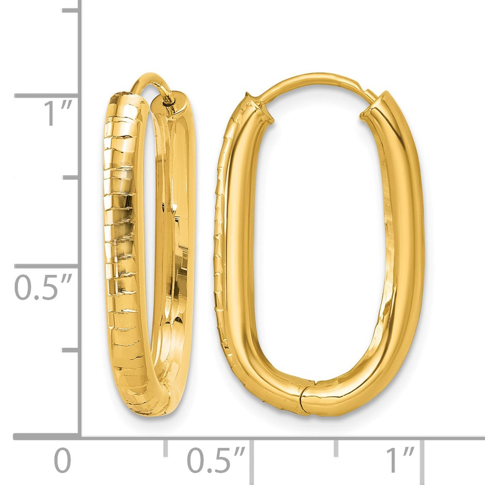 14k Polished and Grooved Oval Hinged Hoop Earrings