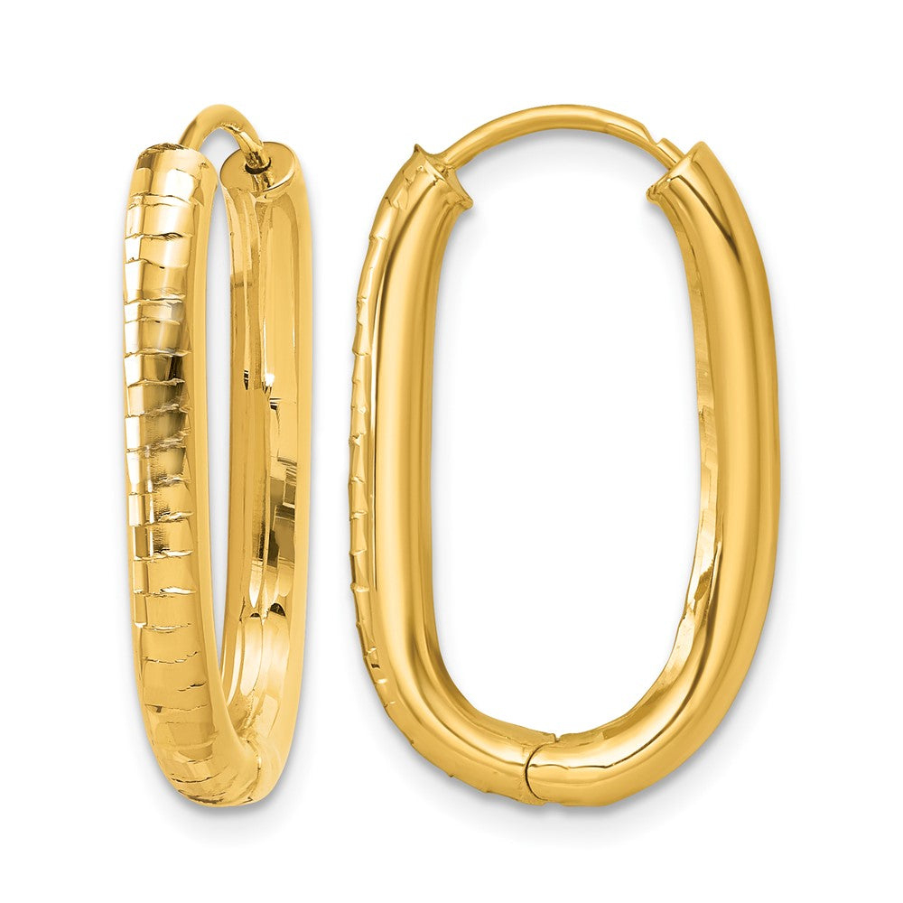 14k Polished and Grooved Oval Hinged Hoop Earrings