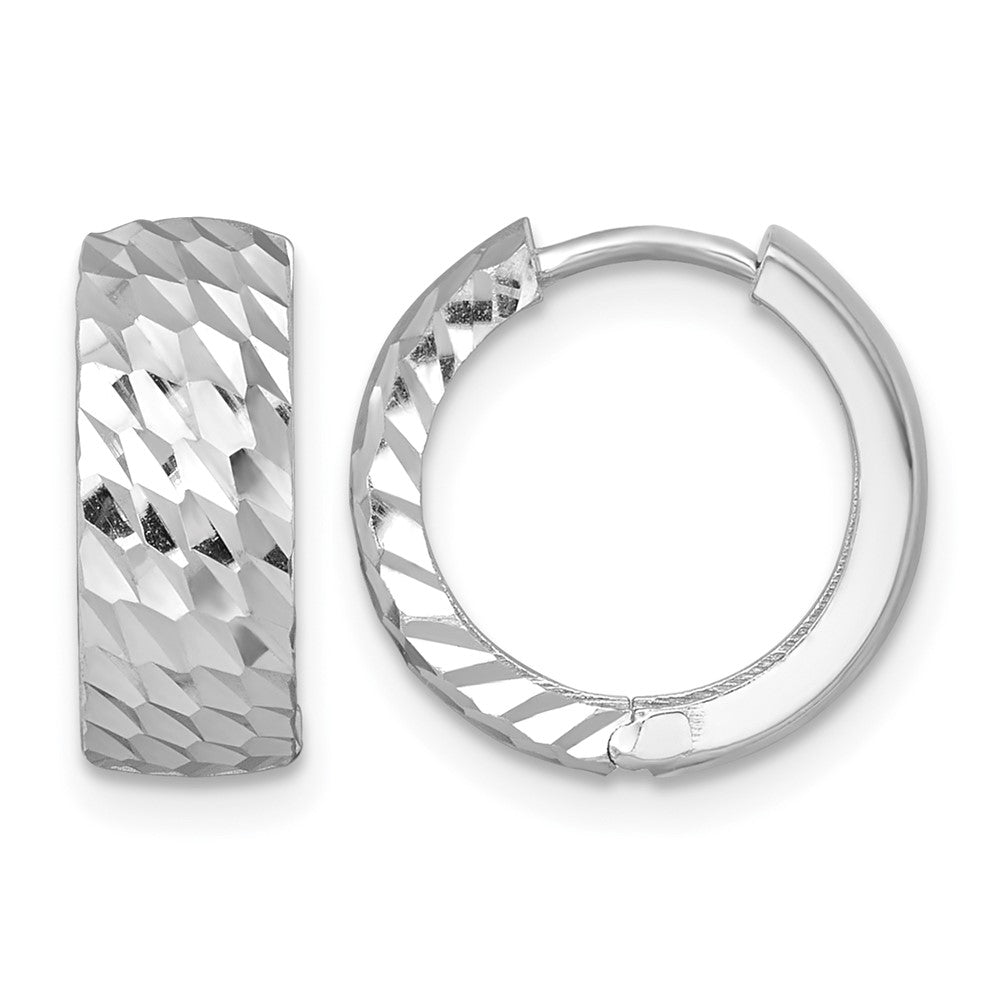 14k White Gold Polished Diamond-cut Hinged Hoop Earrings