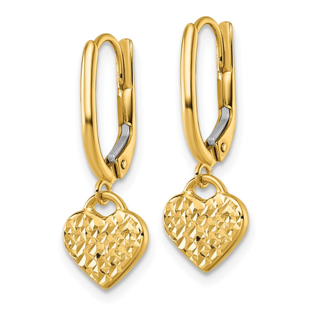 14k Polished D/C Heart Dangle Leverback Earrings