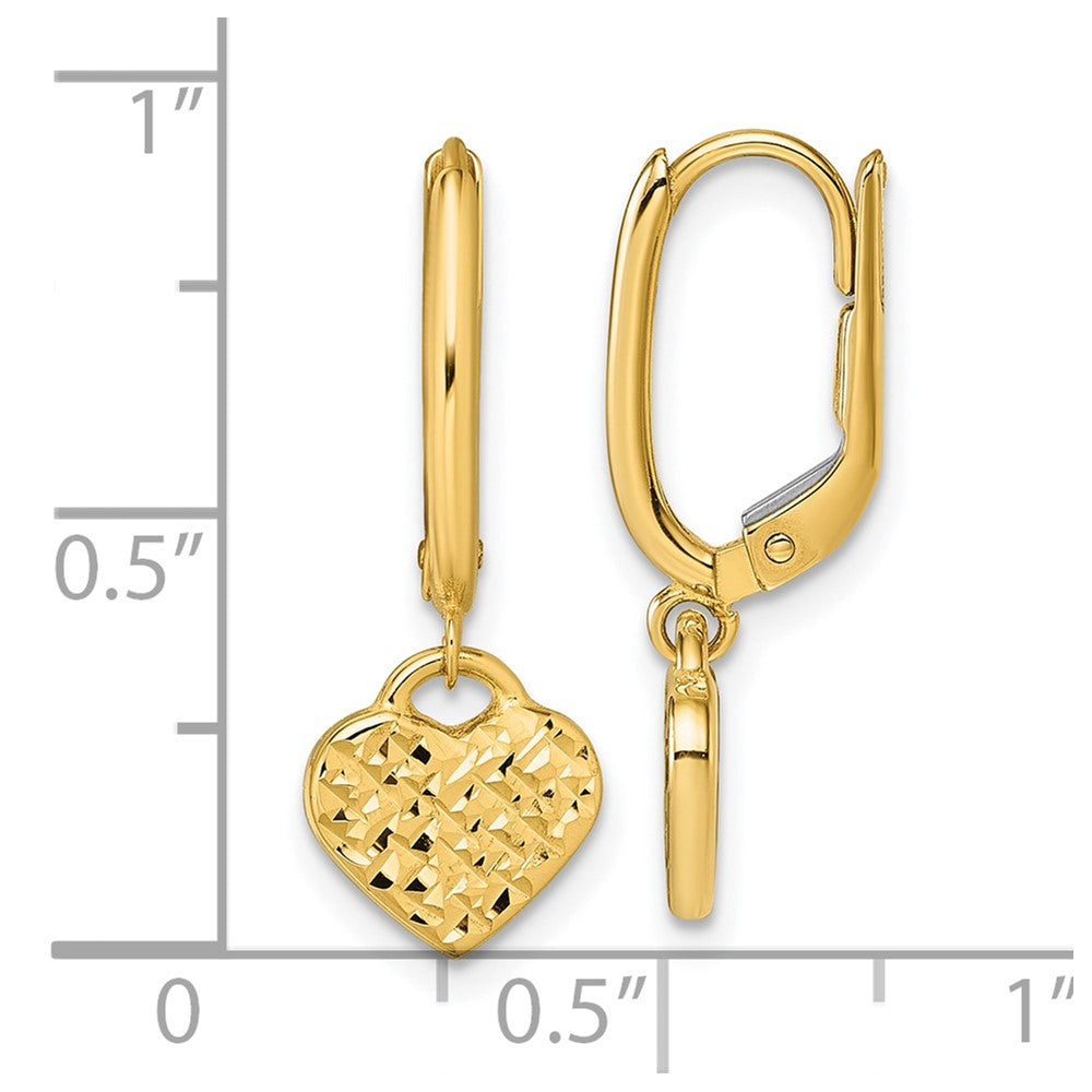 14k Polished D/C Heart Dangle Leverback Earrings