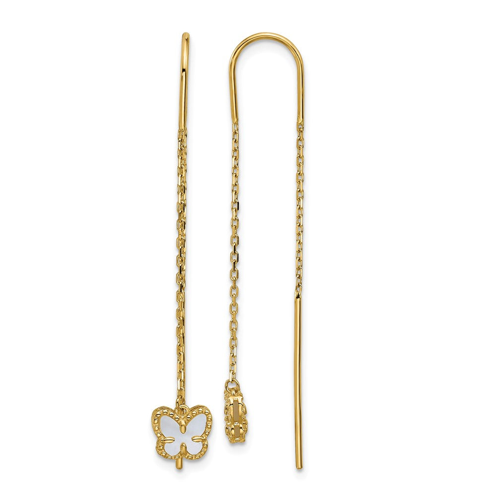 14K Polished Mother of Pearl Butterfly Cable Chain Threader Earrings