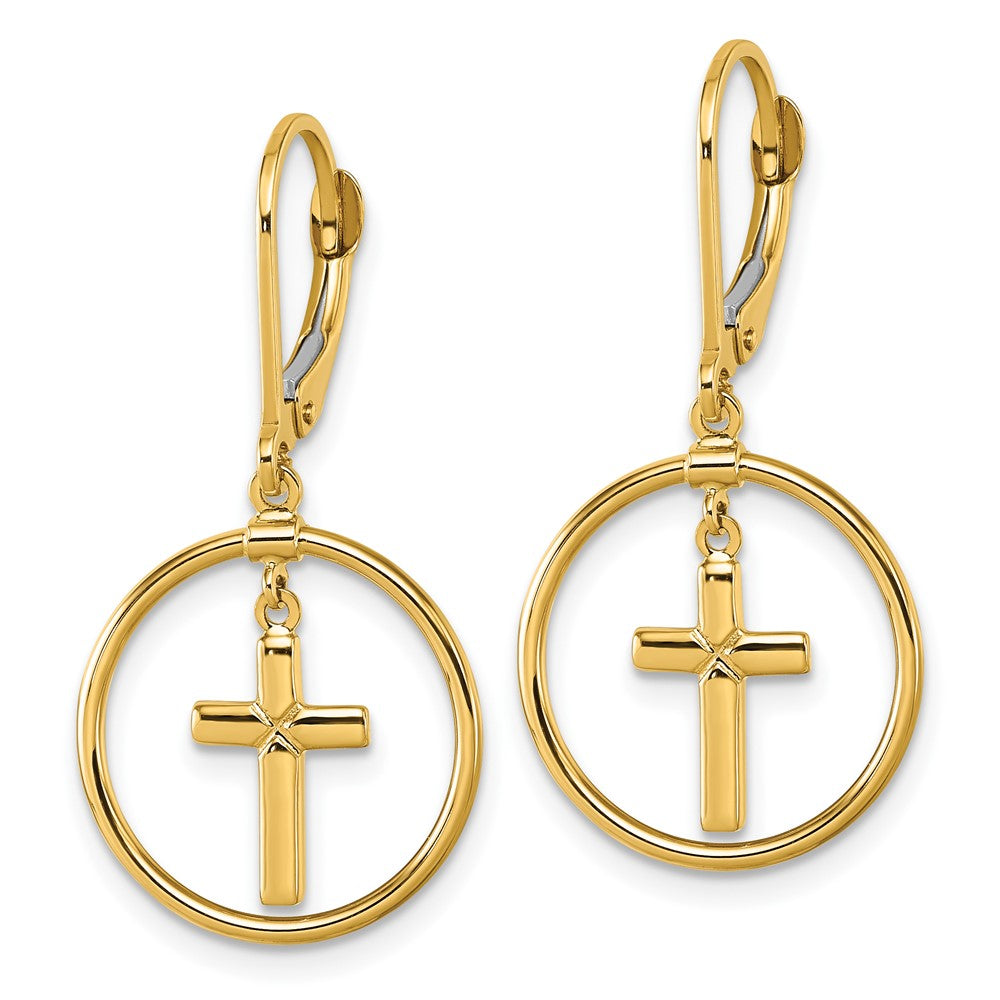 14k Polished Cross Leverback Dangle Earrings
