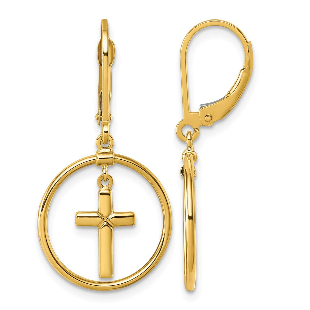14k Polished Cross Leverback Dangle Earrings