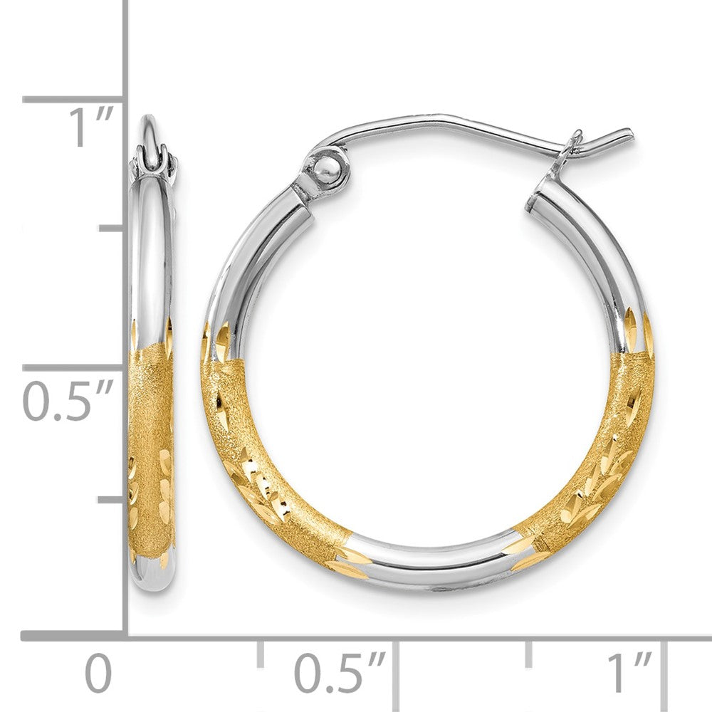14k w/White Rhodium 2mm Satin and Polished Diamond-cut Hoop Earrings