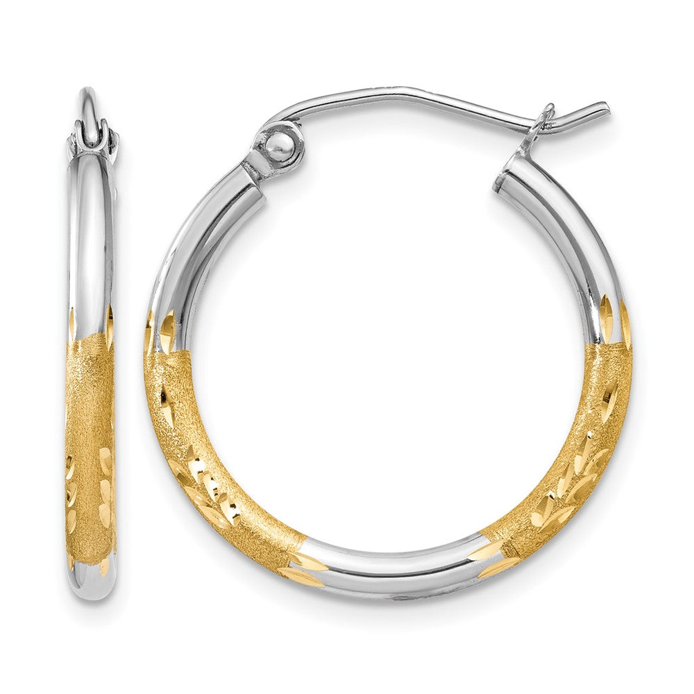 14k w/White Rhodium 2mm Satin and Polished Diamond-cut Hoop Earrings