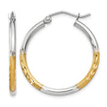 14k w/White Rhodium 2mm Satin and Polished Diamond-cut Hoop Earrings