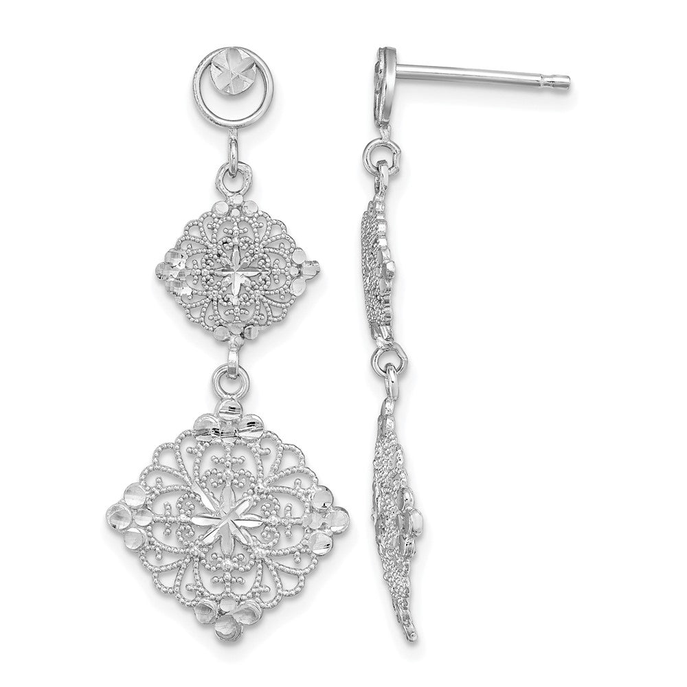 14K White Gold D/C Filigree Medallion Drop Earrings