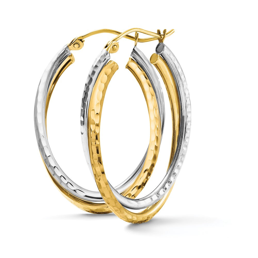 14k Two-tone Diamond-cut Polished Oval Hoop Earring