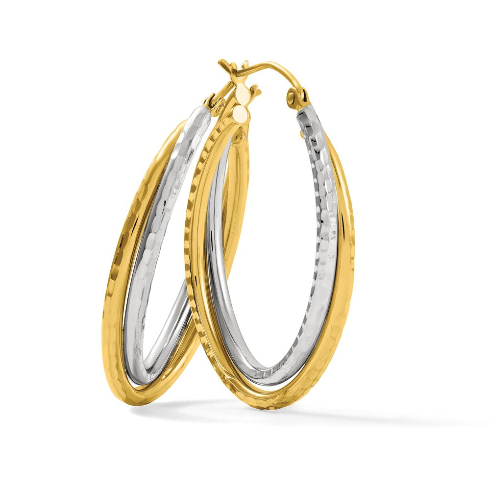 14k Two-tone Diamond-cut Polished Oval Hoop Earring