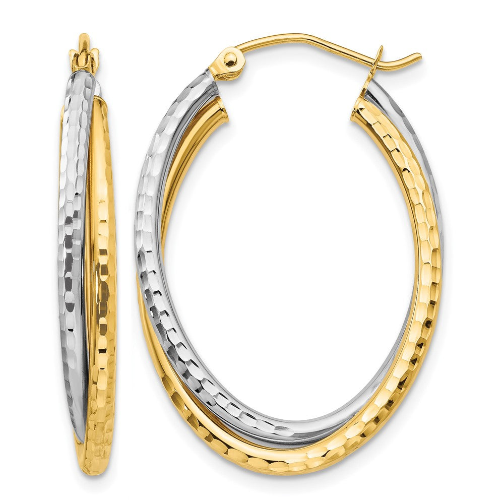 14k Two-tone Diamond-cut Polished Oval Hoop Earring