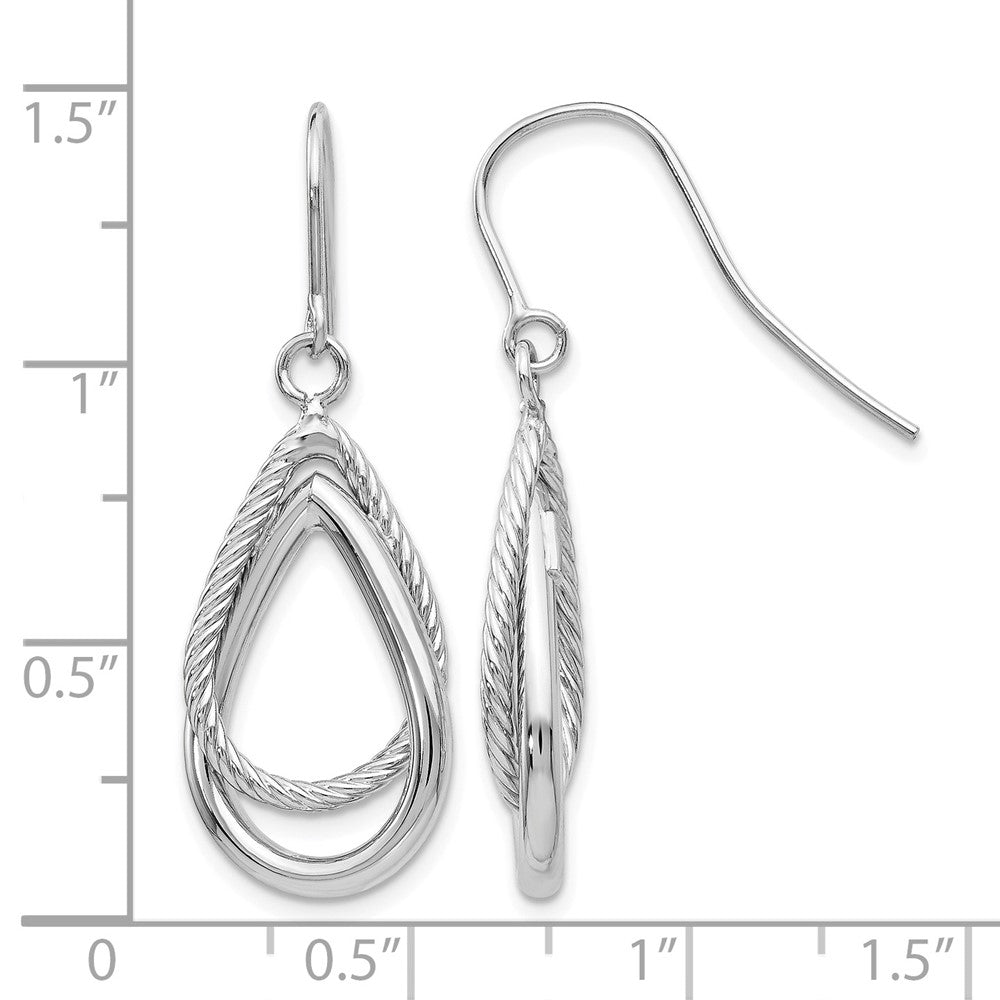 14K White Gold Polished and Textured Teardrop Shepherd Hook Earrings