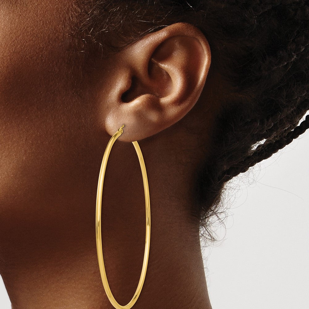 14k Polished 2x70mm Lightweight Tube Hoop Earrings