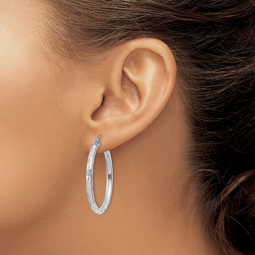 14k White Gold Diamond-cut Hoop Earrings