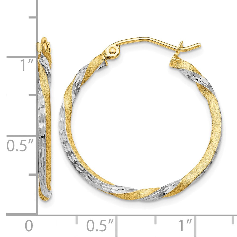 14k & Rhodium Satin Diamond Cut Twisted Hoop Earrings
