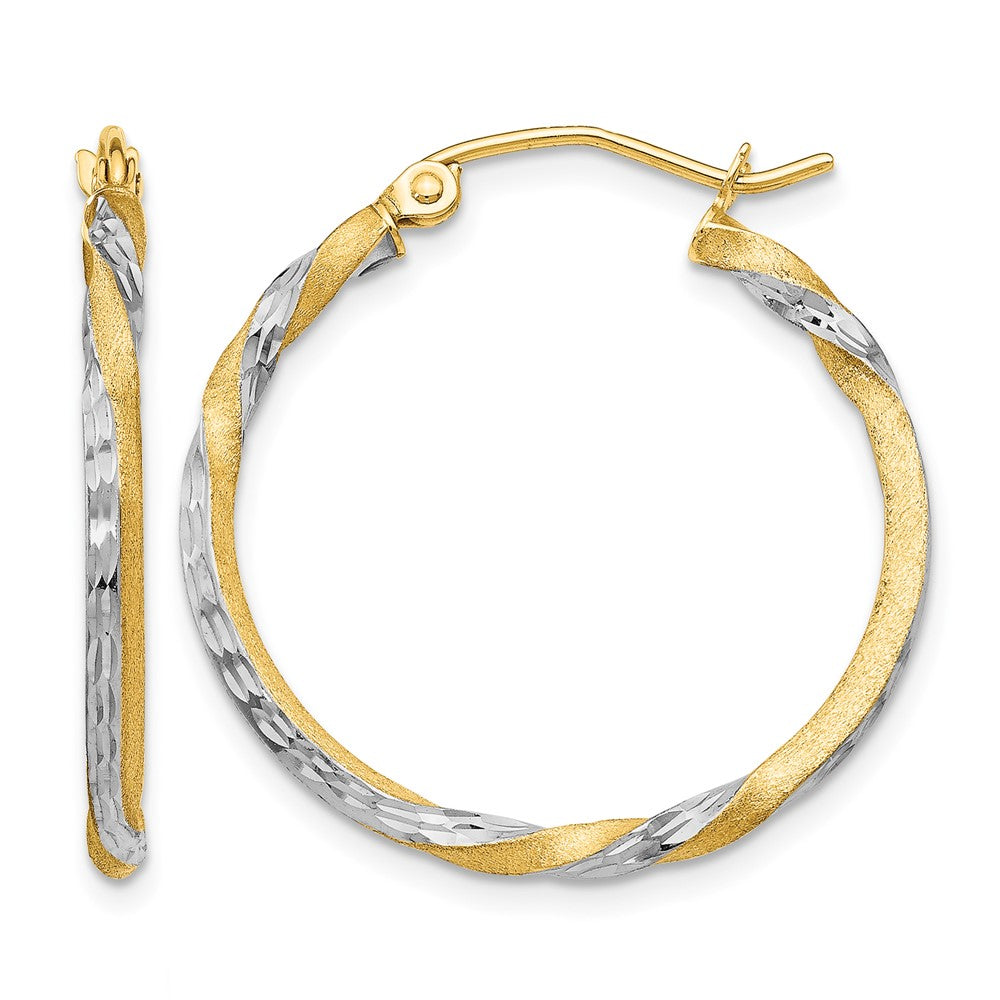 14k & Rhodium Satin Diamond Cut Twisted Hoop Earrings