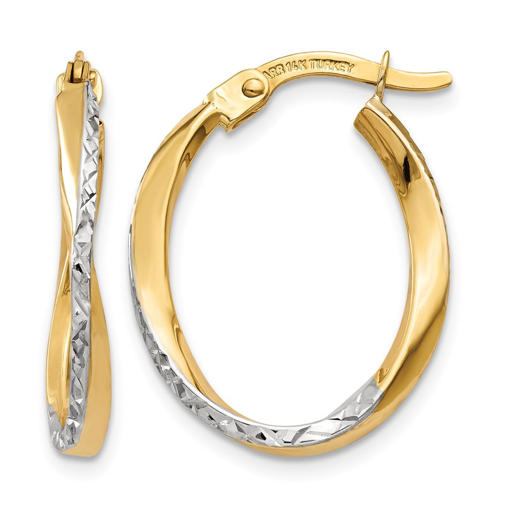 14K w/White Rhodium Textured and Polished Oval Hoop Earrings