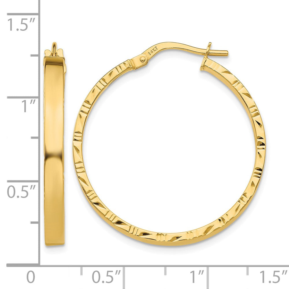 14K Diamond Cut Edge Large 3mm Polished Hoop Earrings