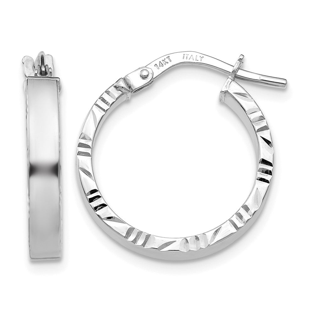 14K White Gold Small 3mm Diamond Cut Edge Polished Hoop Earrings