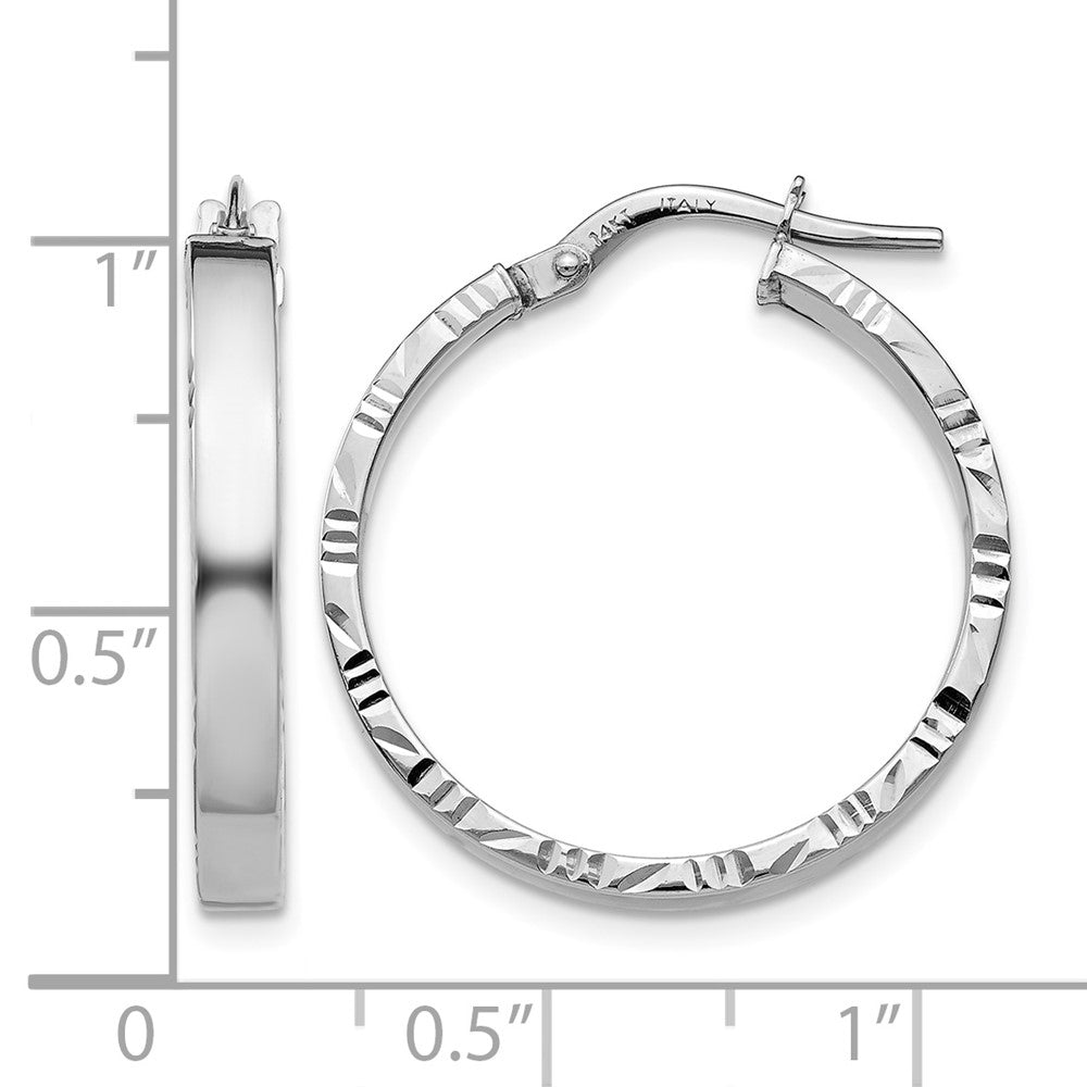 14K White Gold Diamond Cut Edge Medium 3mm Polished Hoop Earrings