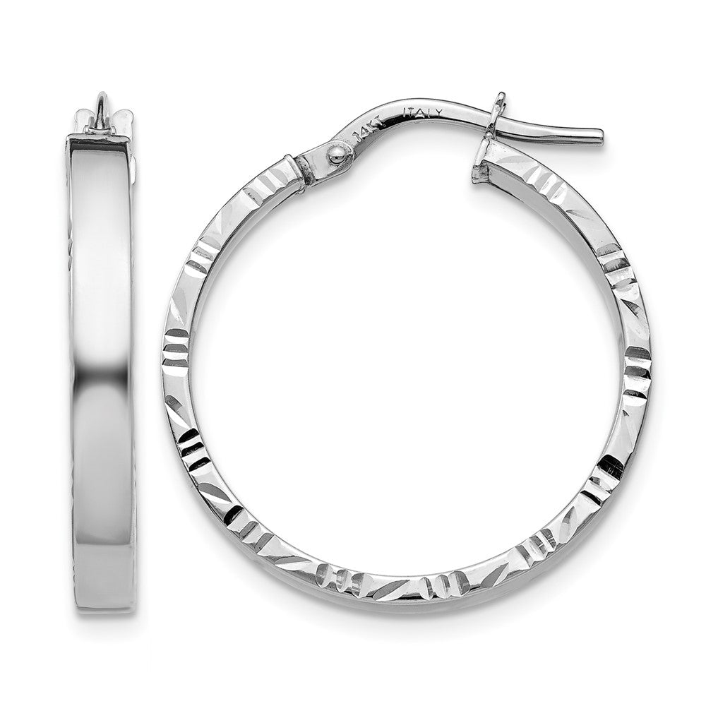 14K White Gold Diamond Cut Edge Medium 3mm Polished Hoop Earrings