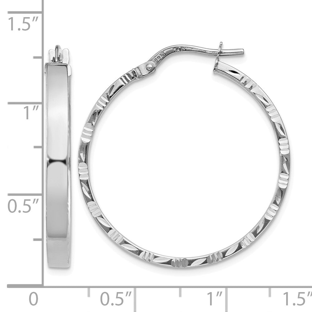 14K White Gold Diamond Cut Edge Large 3mm Polished Hoop Earrings