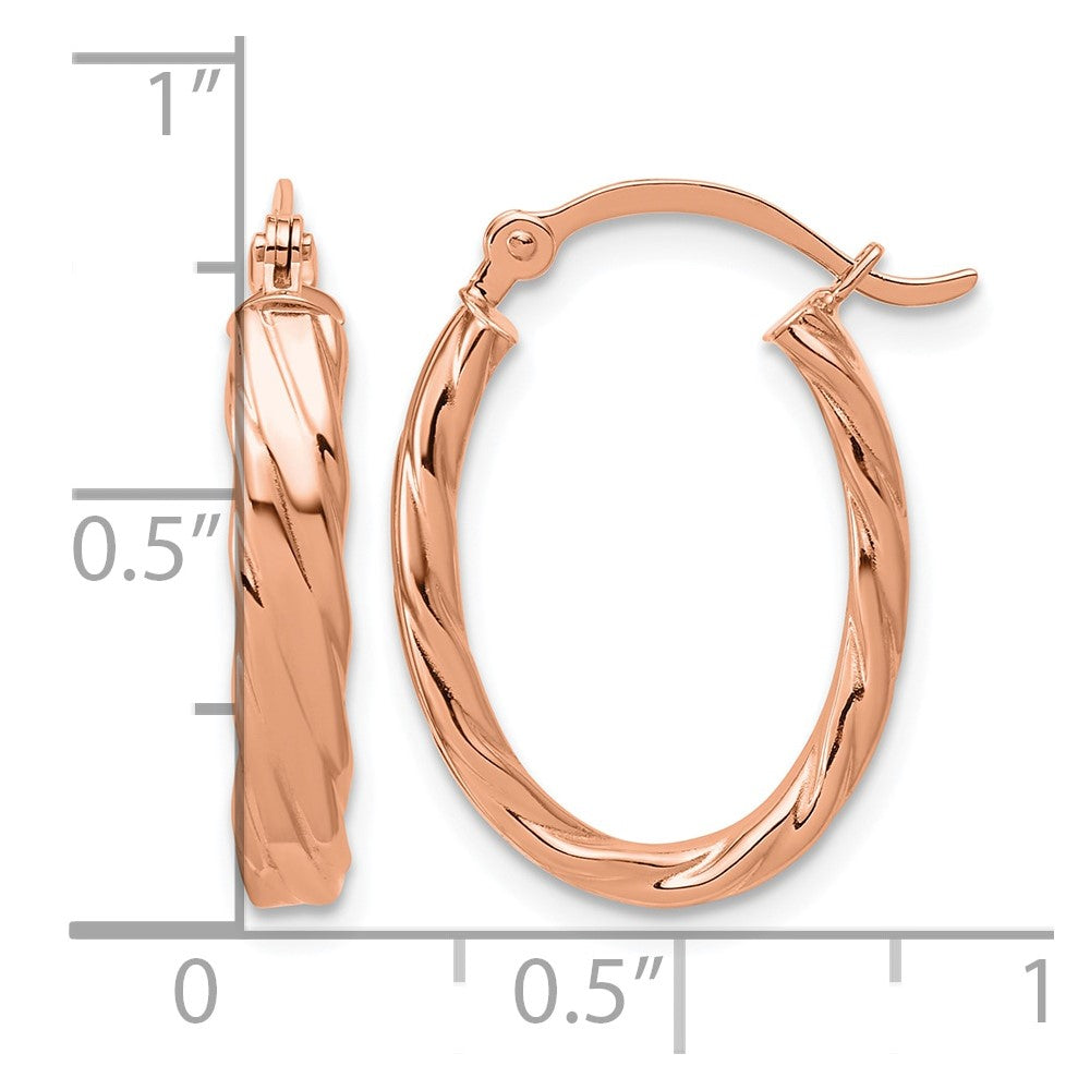 14K Rose Gold 3mm Patterned Oval Hoop Earrings