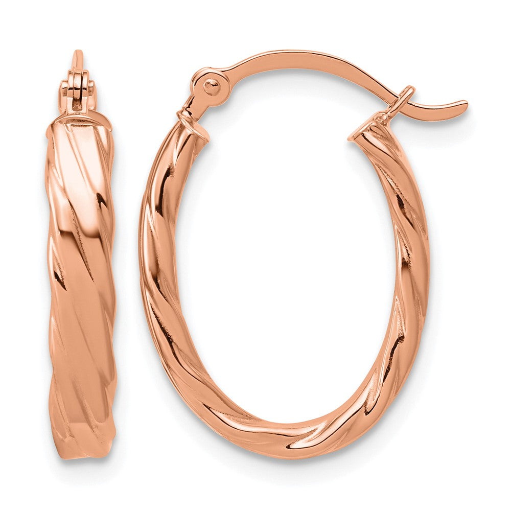 14K Rose Gold 3mm Patterned Oval Hoop Earrings