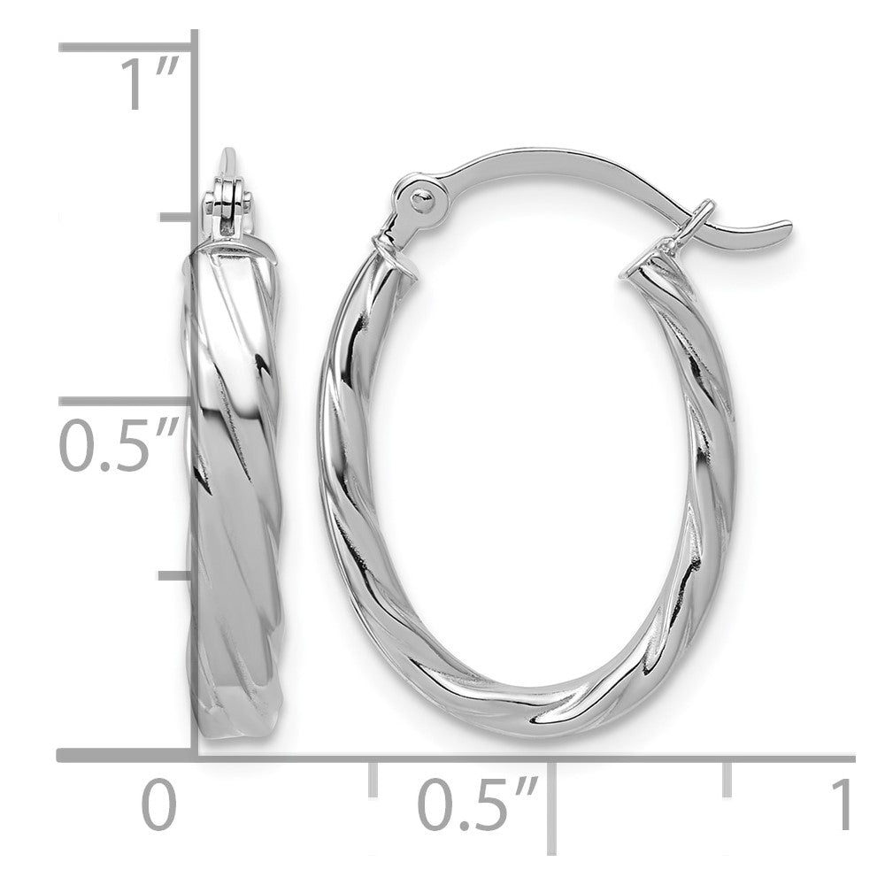 14K White Gold 3mm Patterned Oval Hoop Earrings