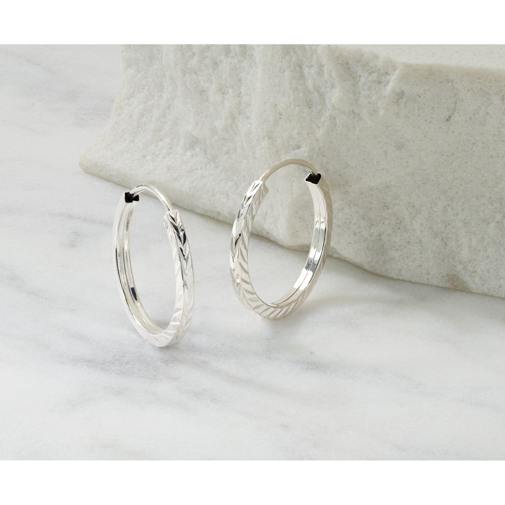 14k White Gold 1.35mm Diamond-cut Square Tube Endless Hoop Earrings