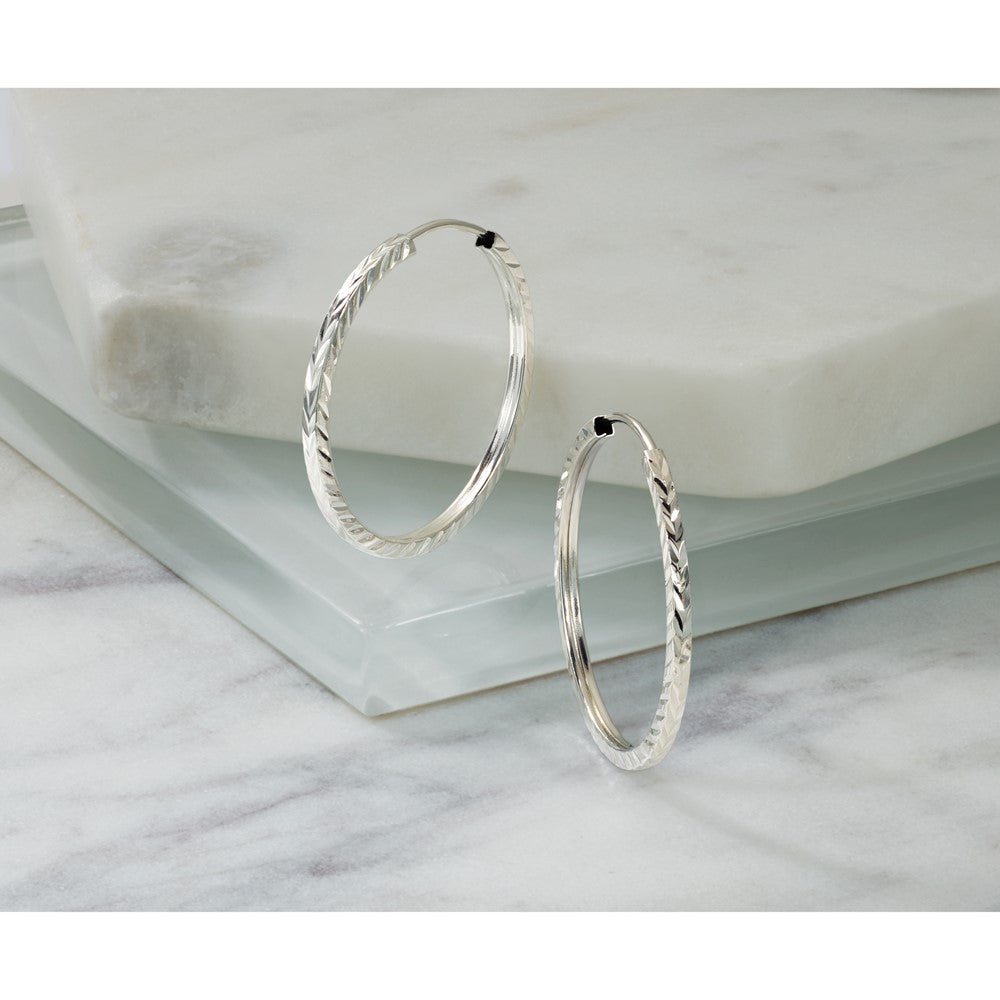 14k White Gold 1.35mm Diamond-cut Square Tube Endless Hoop Earrings
