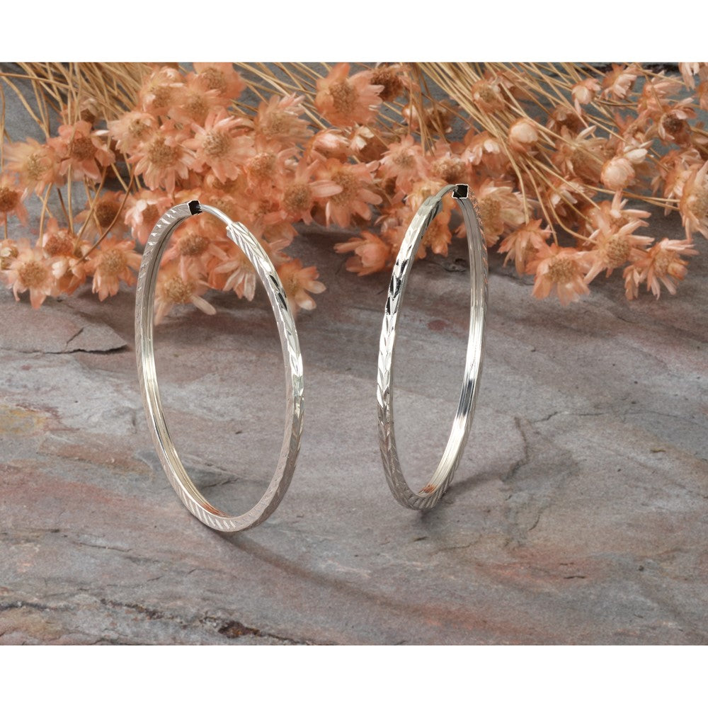 14k White Gold 1.35mm Diamond-cut Square Tube Endless Hoop Earrings