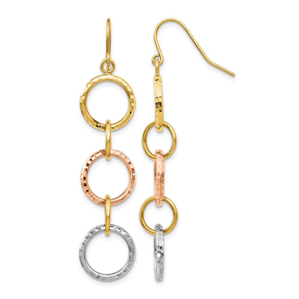 14k Tri-Color Diamond Cut Circle Dangle Earrings