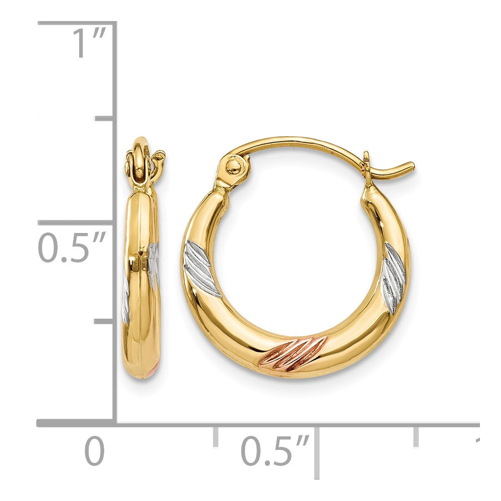 14k & White & Rose Rhodium Polished & Textured Hoop Earrings