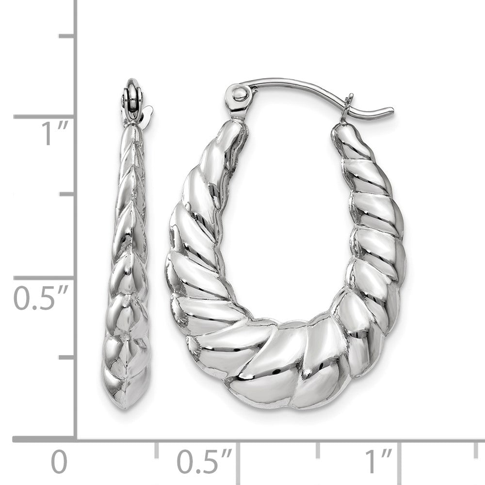 14k White Gold Polished and Textured Oval Hoop Earrings