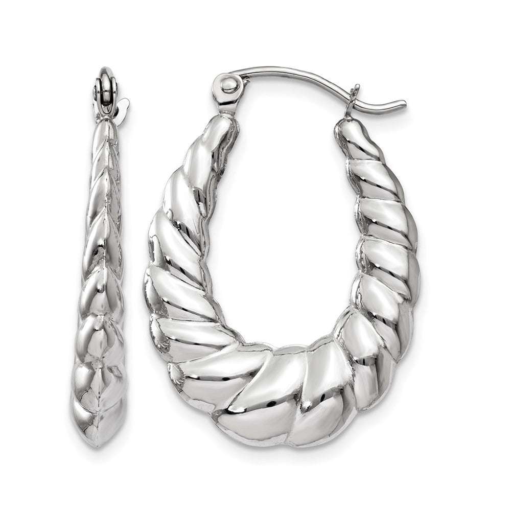 14k White Gold Polished and Textured Oval Hoop Earrings