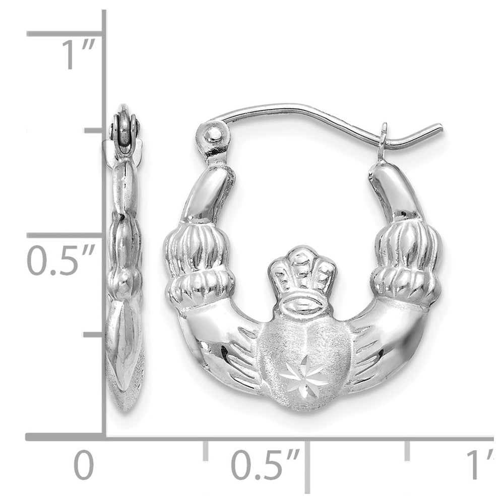 14k White Gold Satin and Diamond-cut Claddagh Hoop Earrings