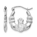14k White Gold Satin and Diamond-cut Claddagh Hoop Earrings