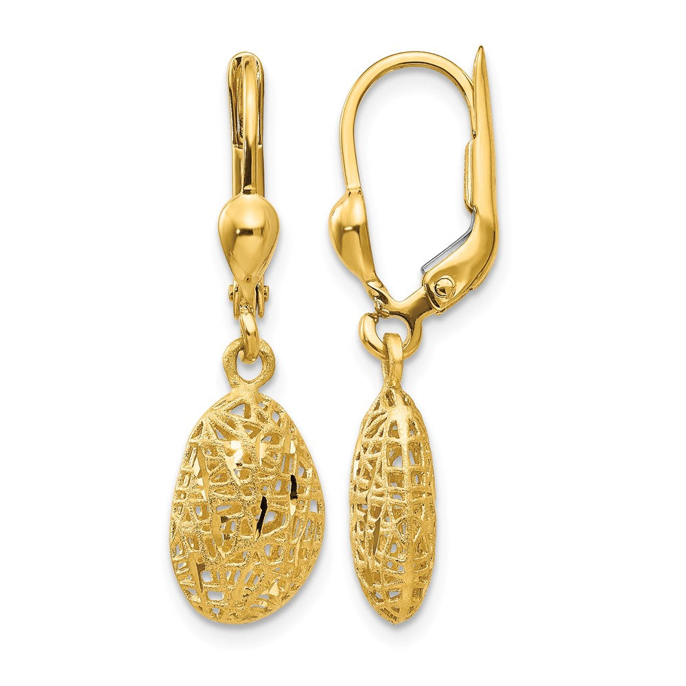 14K Gold Polished Diamond-cut Satin Puff Dangle Leverback Earrings