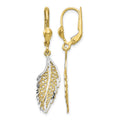 14K and Rhodium Polished and Textured Leaf Leverback Earrings