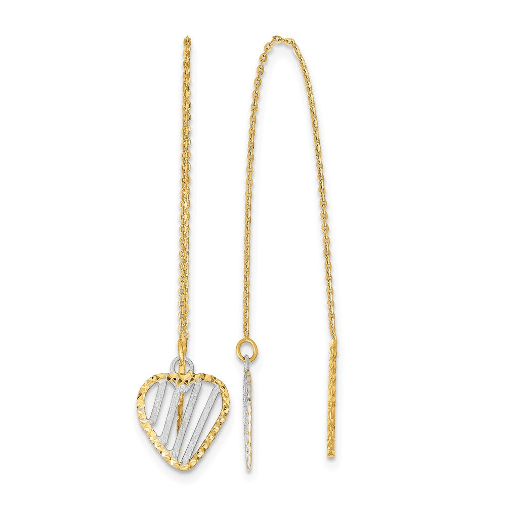 14k & Rhodium Polished Satin and D/C Heart Threader Earrings