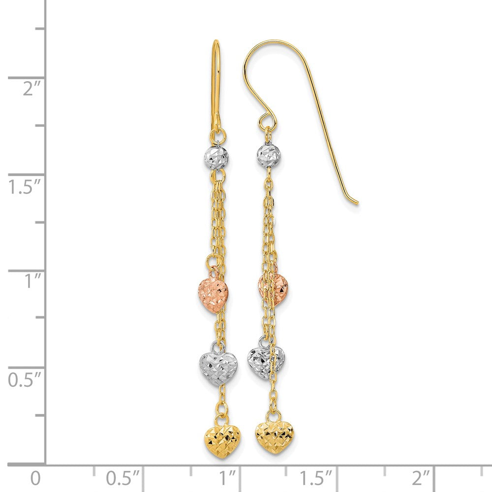 14k Tri-color D/C Triple Heart Dangle Shepherd Hook Earrings