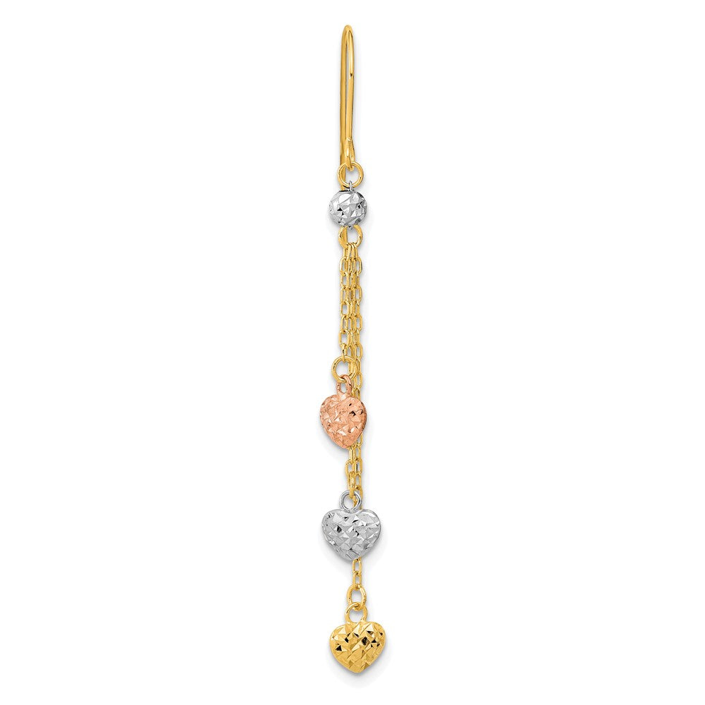 Single 14k Tri-color D/C Triple Heart Dangle Shepherd Hook Earring
