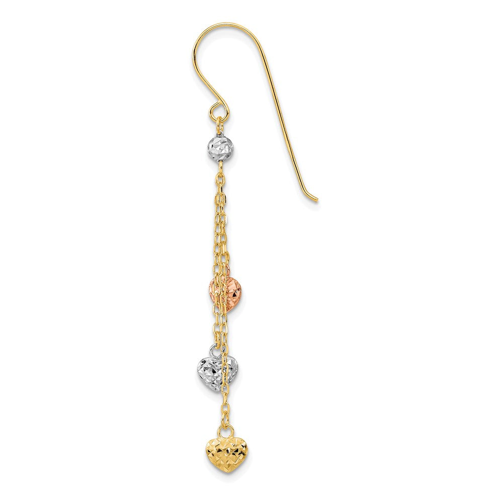 Single 14k Tri-color D/C Triple Heart Dangle Shepherd Hook Earring