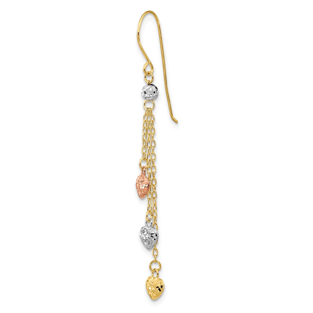 Single 14k Tri-color D/C Triple Heart Dangle Shepherd Hook Earring