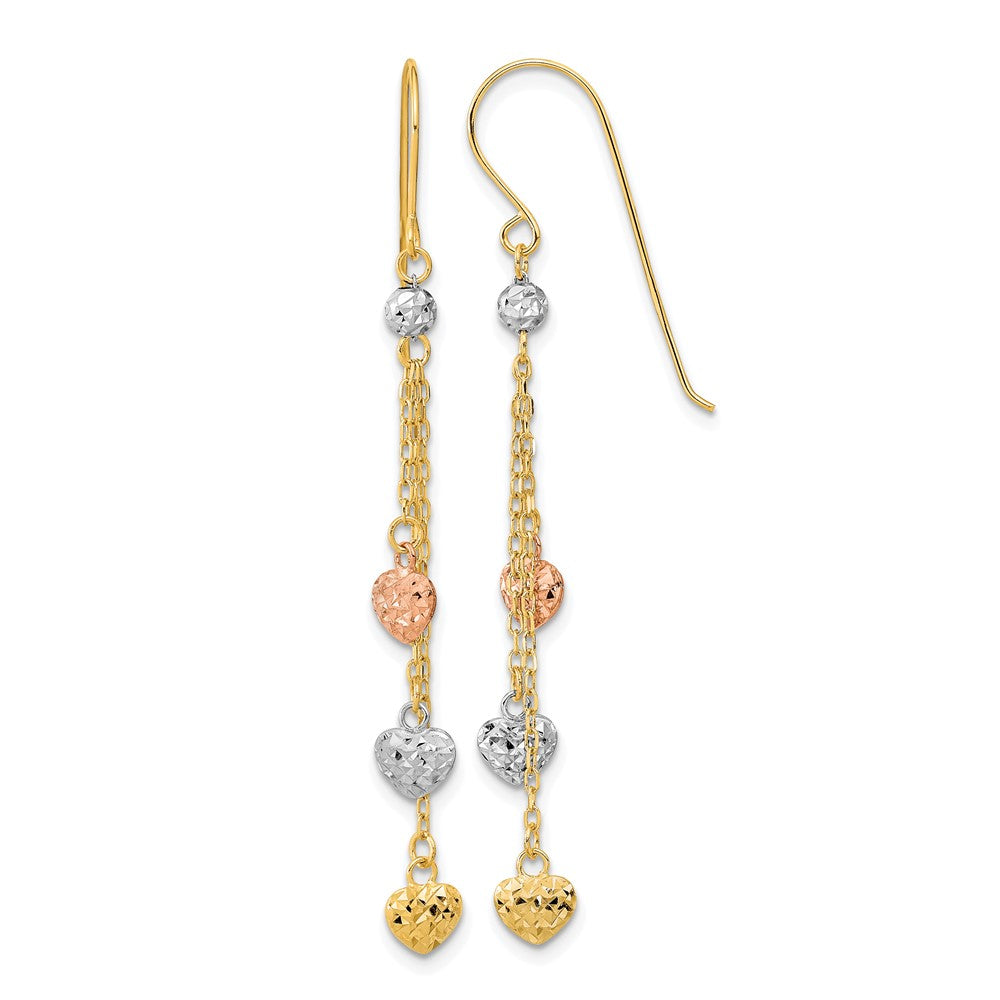 14k Tri-color D/C Triple Heart Dangle Shepherd Hook Earrings